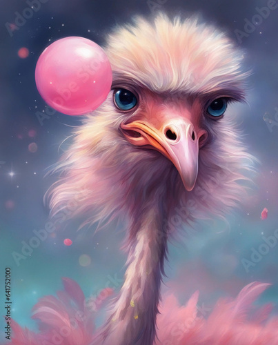Illustrative drawing of an ostrich with pink balls. Generative AI.
