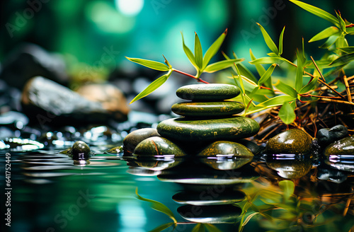 a bamboo tree with rocks and stones and water © SK