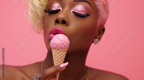 Fashionable african american woman with ice cream on pink background