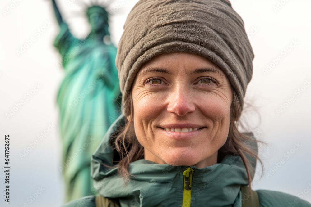 Close-up portrait photography of a grinning girl in her 30s wearing a protective neck gaiter in front of the statue of liberty in new york usa. With generative AI technology Close-up portrait photography of a grinning girl in her 30s wearing a protective neck gaiter in front of the statue of liberty in new york usa. With generative AI technology