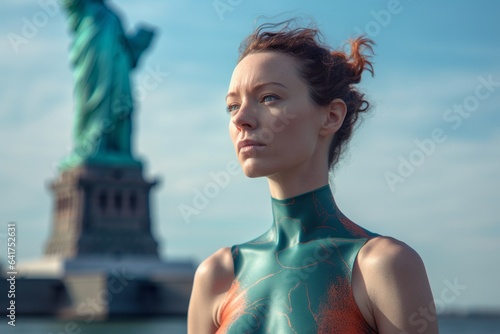 Conceptual portrait photography of a content girl in her 30s wearing a vibrant rash guard in front of the statue of liberty in new york usa. With generative AI technology