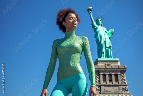 Conceptual portrait photography of a content girl in her 30s wearing a vibrant rash guard in front of the statue of liberty in new york usa. With generative AI technology