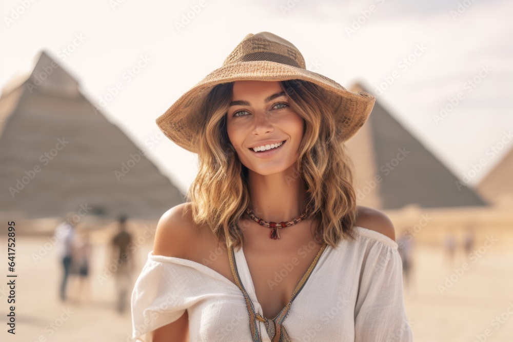 Medium shot portrait photography of a glad girl in her 40s wearing a trendy off-shoulder blouse in front of the pyramids of giza in cairo egypt. With generative AI technology