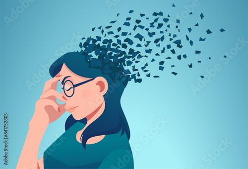 Vector of a woman losing parts of head as symbol of decreased mind function.