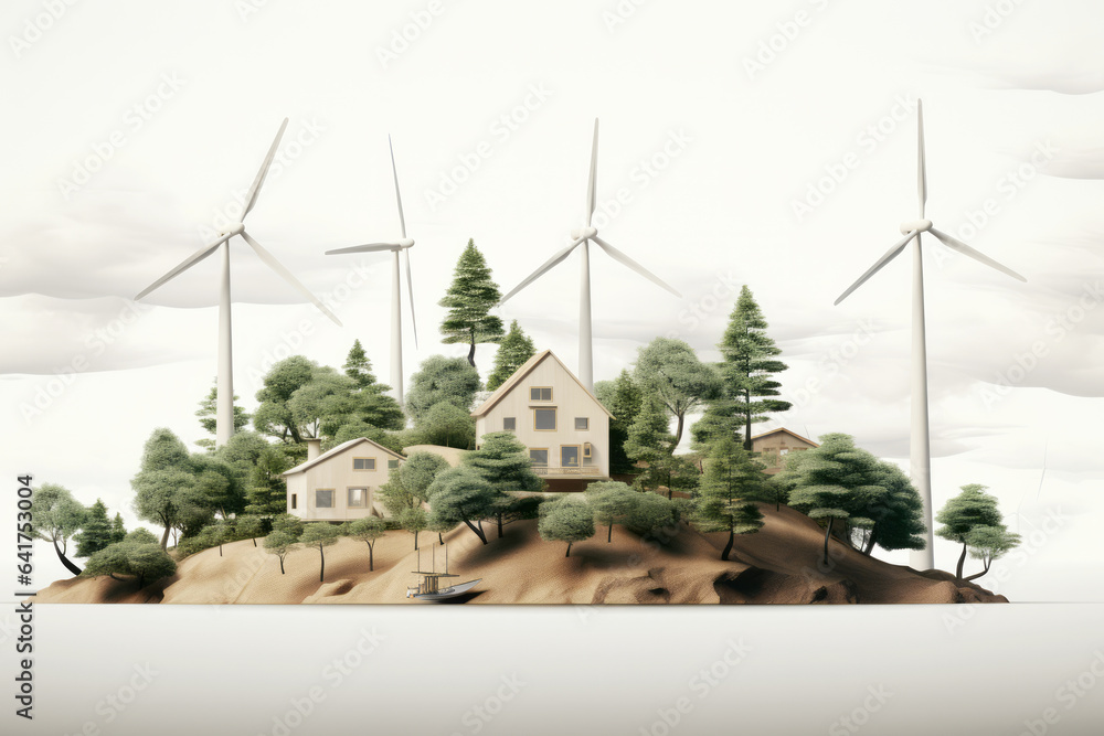Green energy revolution aerial view of wind power on an eco island. Save planet concept