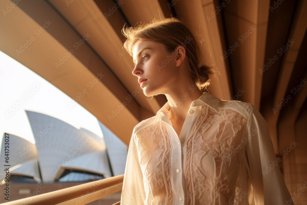 Naklejka premium Environmental portrait photography of a tender girl in her 40s wearing a delicate silk blouse at the sydney opera house in sydney australia. With generative AI technology
