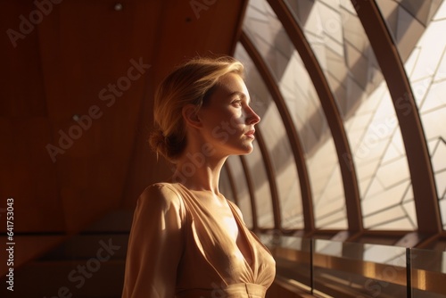 Environmental portrait photography of a tender girl in her 40s wearing a delicate silk blouse at the sydney opera house in sydney australia. With generative AI technology