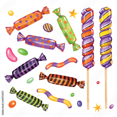 Watercolor colorful candy and lollipops sweets set isolated on a white background, bright candy clipart 