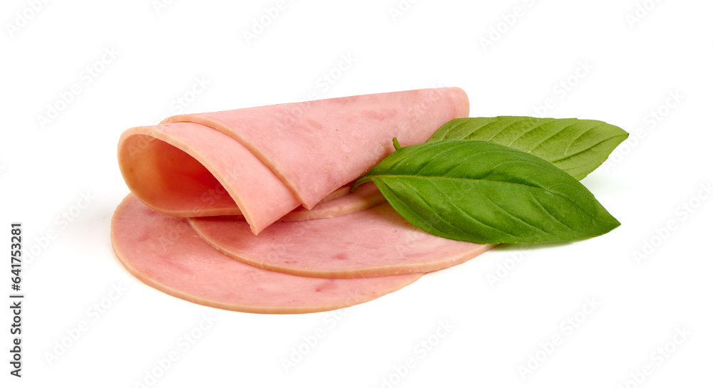 Thinly Sliced Ham, boiled sausage, close-up, isolated on white background. Thinly Sliced Ham, boiled sausage, close-up, isolated on white background.