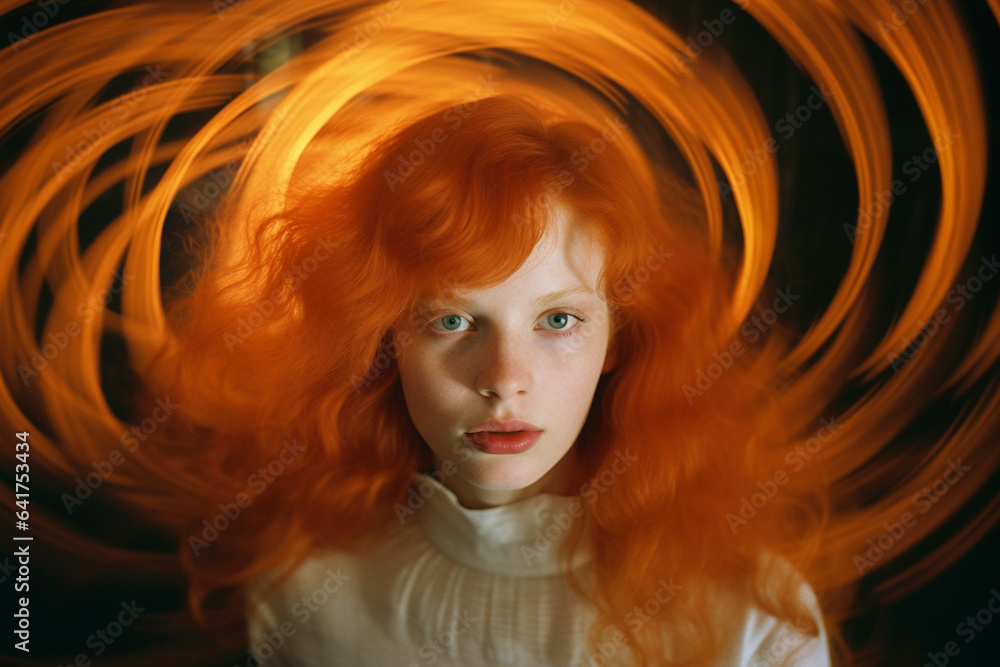 A woman with long ginger hair and a luminous abstraction that is being blown around her head in a circular motion. Mystical and hypnotic vibes. A woman with long ginger hair and a luminous abstraction that is being blown around her head in a circular motion. Mystical and hypnotic vibes.