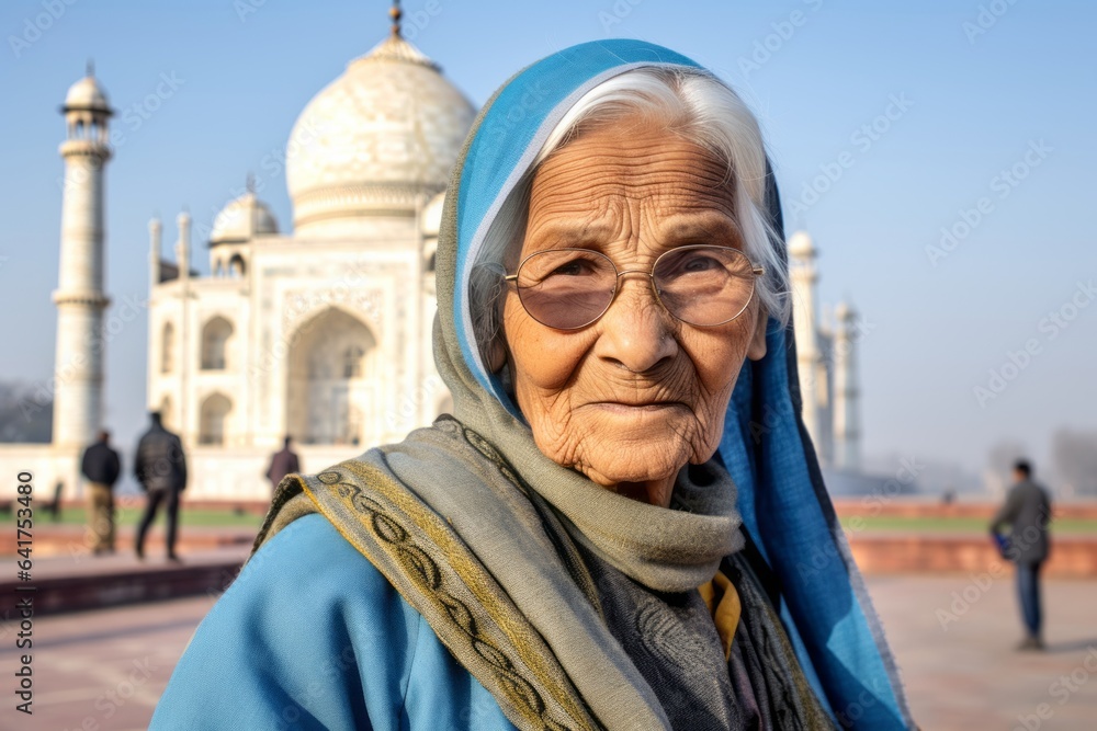 Naklejka premium Lifestyle portrait photography of a blissful old woman wearing a versatile denim shirt in front of the taj mahal in agra india. With generative AI technology