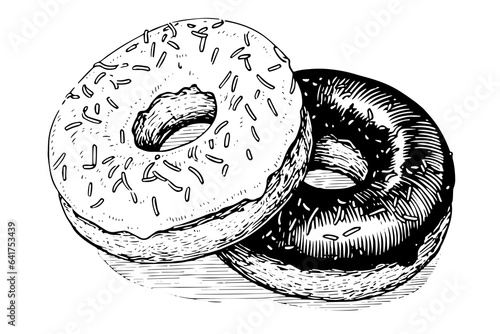 Tasty chocolate donut engraving style. Hand drawn ink sketch vector illustration.
