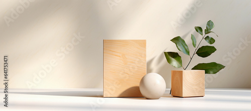 A group of wooden sculptures of different shapes and sizes arranged in a line on a white surface. The background is a beige wall with a soft shadow cast by the sculptures. Soft and diffused lighting.