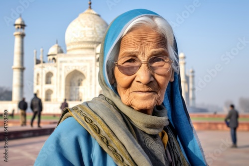 Lifestyle portrait photography of a blissful old woman wearing a versatile denim shirt in front of the taj mahal in agra india. With generative AI technology