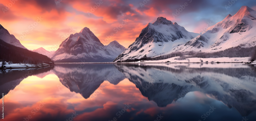 Landscape of mountains covered with snow at sunset reflected in a lake. 