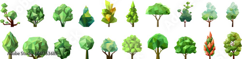 Set of abstract low poly tree icon isolated. Geometric forest polygonal style collection. Vector 3d low poly symbol. Stylized eco design element.