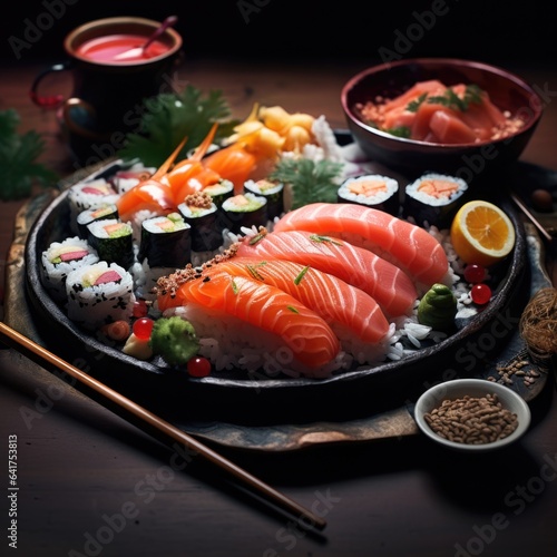 Sushi set with salmon, tuna, shrimp, avocado, cucumber, wasabi, ginger and soy sauce