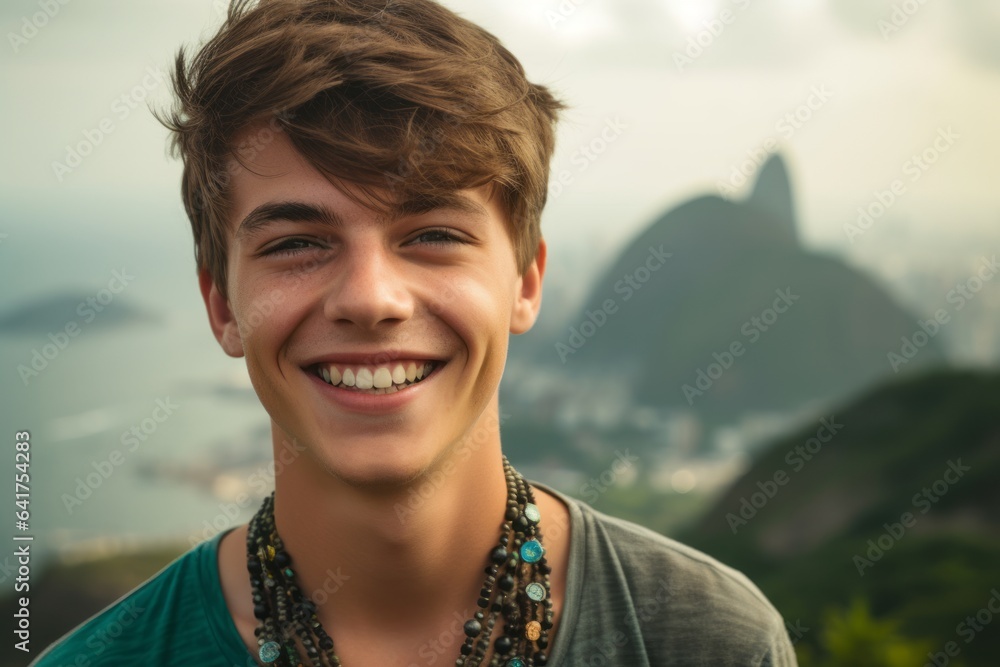 Close-up portrait photography of a happy boy in his 20s wearing a dramatic choker necklace near the christ the redeemer in rio de janeiro brazil. With generative AI technology - obrazy, fototapety, plakaty 