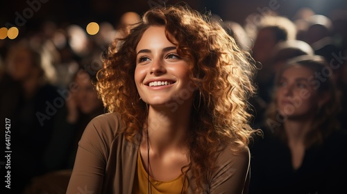 beautiful young woman smiling in a bright nightclub Listening to a speech © Fotostockerspb