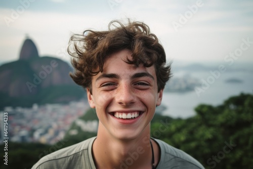 Close-up portrait photography of a happy boy in his 20s wearing a dramatic choker necklace near the christ the redeemer in rio de janeiro brazil. With generative AI technology