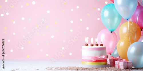 Cake with candles Birthday. Holiday banner  web poster  flyer  cover card  Festive celebrate backdrop balloons