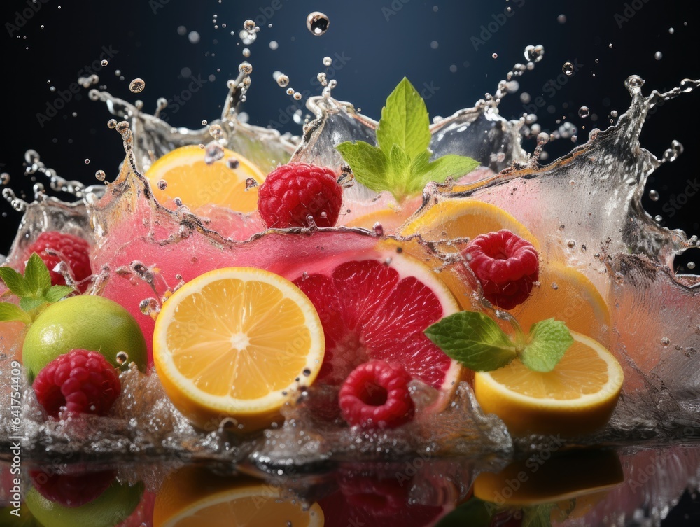 Fruit splashing into water on a black background. Mixed fruits. Fruit splashing into water on a black background. Mixed fruits.