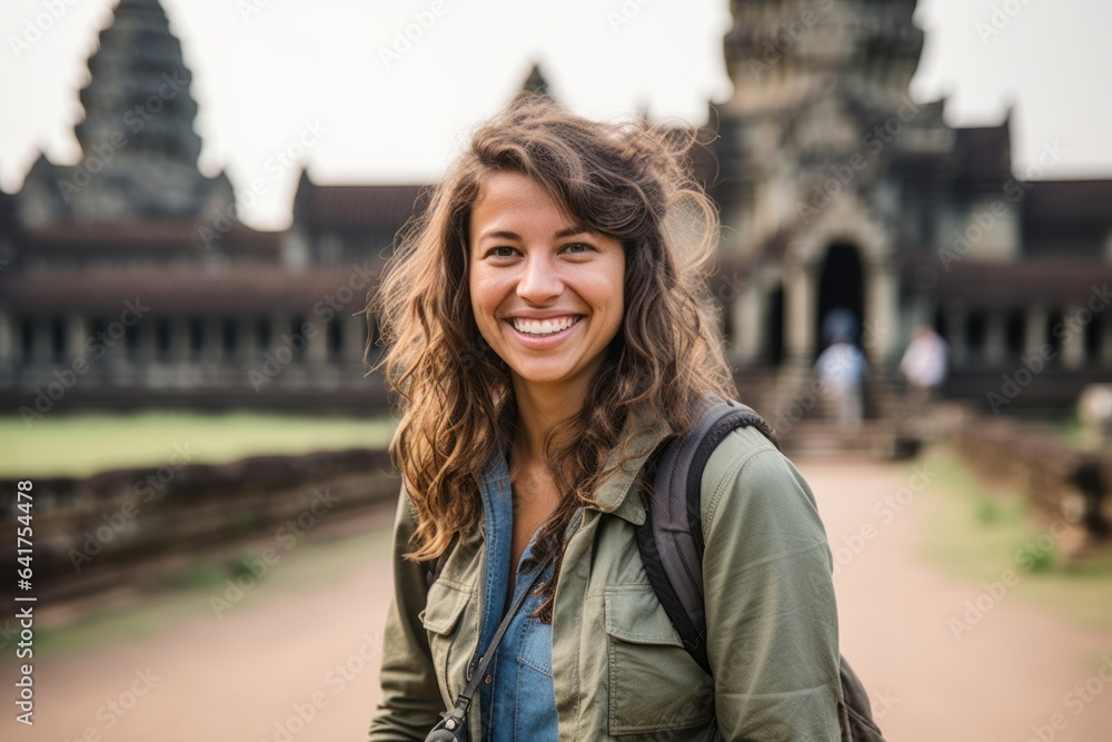 Naklejka premium Lifestyle portrait photography of a grinning girl in her 30s wearing a rugged denim jacket at the angkor wat in siem reap cambodia. With generative AI technology
