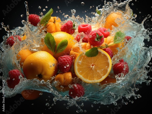 Fruit splashing into water on a black background. Mixed fruits. 