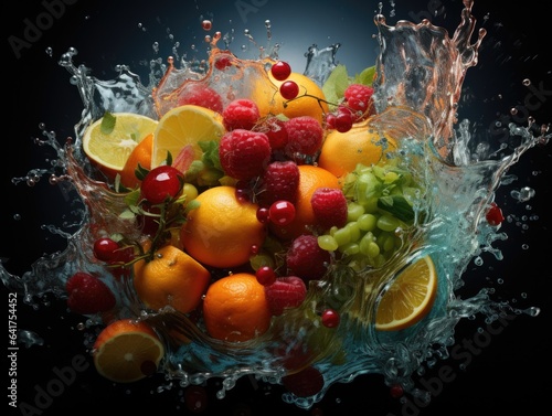 Fruit splashing into water on a black background. Mixed fruits. 