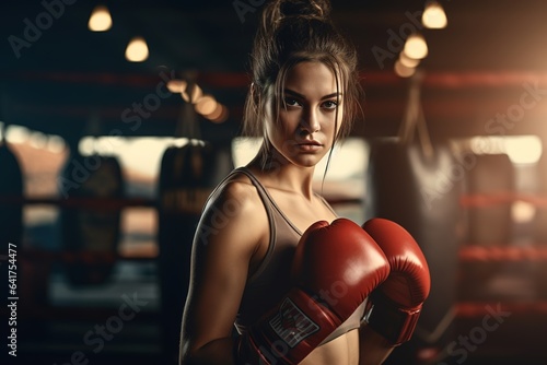 Girl boxer stands in red gloves ready for sparring. © Larisa