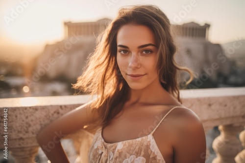 Close-up portrait photography of a glad girl in her 30s wearing a lace bralette in front of the acropolis in athens greece. With generative AI technology