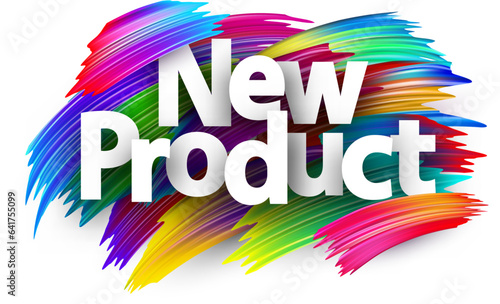 New product paper word sign with colorful spectrum paint brush strokes over white.