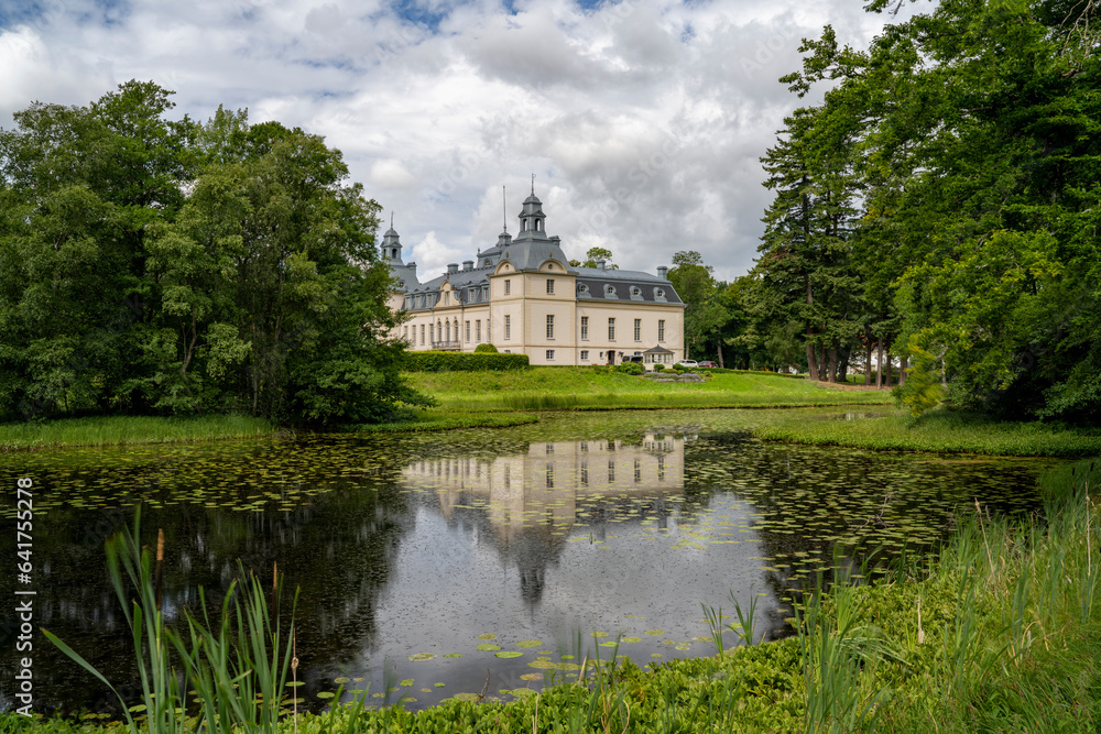 Kronovall Castle and Beautiful Royal Garden with Pond in Osterlen Skane in South Sweden.