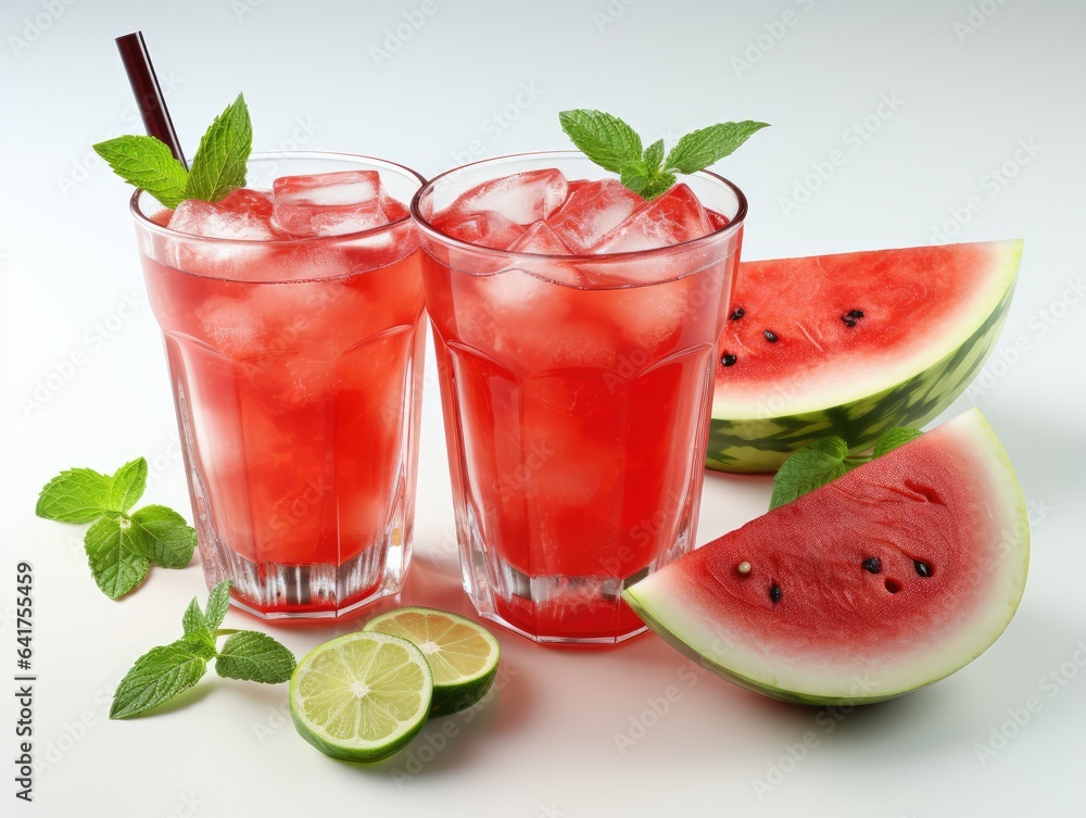 Watermelon juice in a glass with ice cubes on a white background. Watermelon juice in a glass with ice cubes on a white background.
