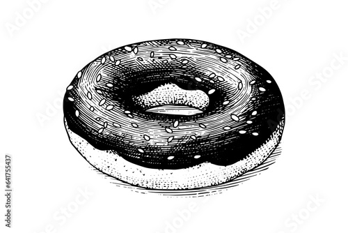 Tasty chocolate donut engraving style. Hand drawn ink sketch vector illustration.