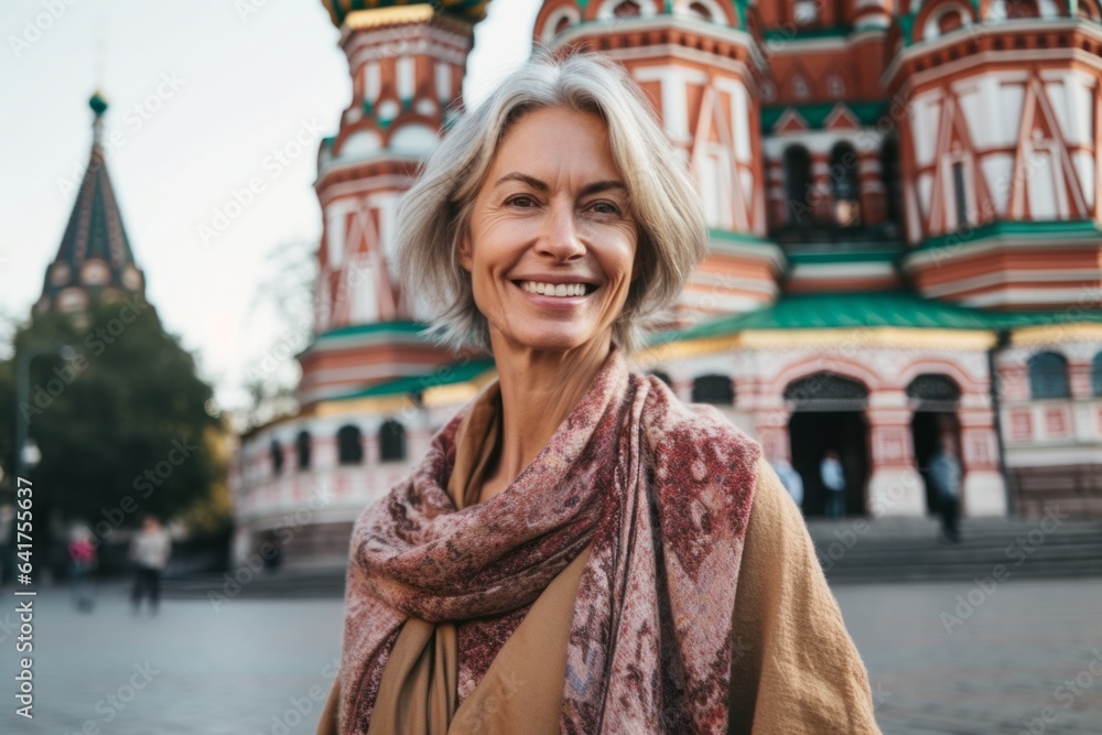 Medium shot portrait photography of a jovial mature woman wearing a lace bralette in front of the saint basils cathedral in moscow russia. With generative AI technology