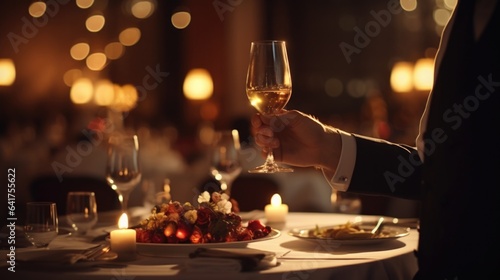 Man holding a glass of wine on a romantic dinner in a restaurant. 