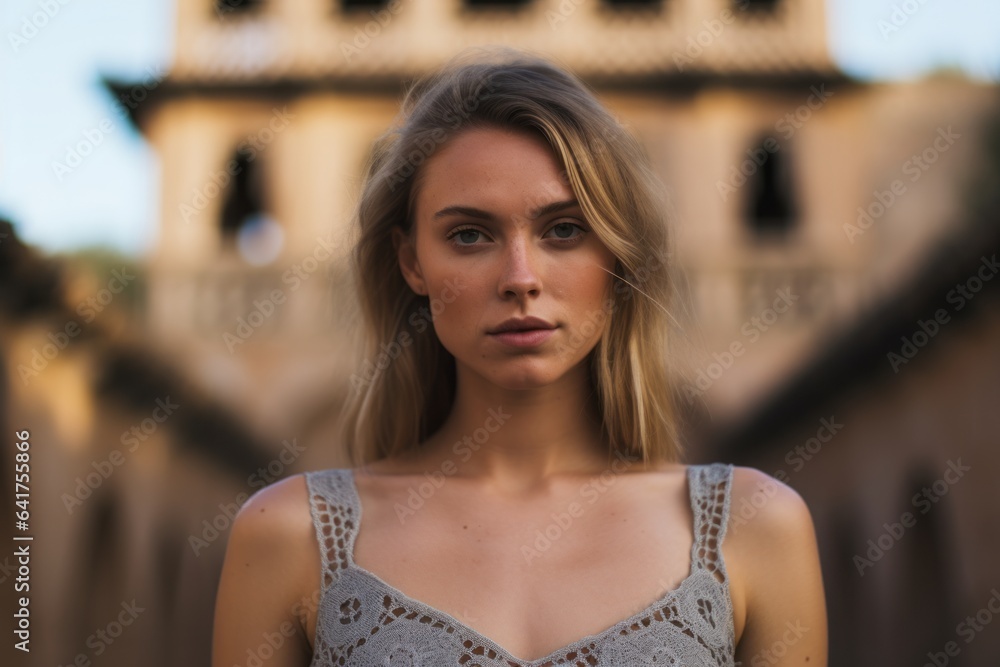 Fototapeta premium Close-up portrait photography of a tender girl in her 30s wearing a lace bralette at the alhambra in granada spain. With generative AI technology