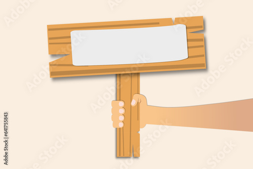 Hand holding blank banner mock up on wooden board. Empty board plank holder in hands. Holding sign up. Vector illustration.