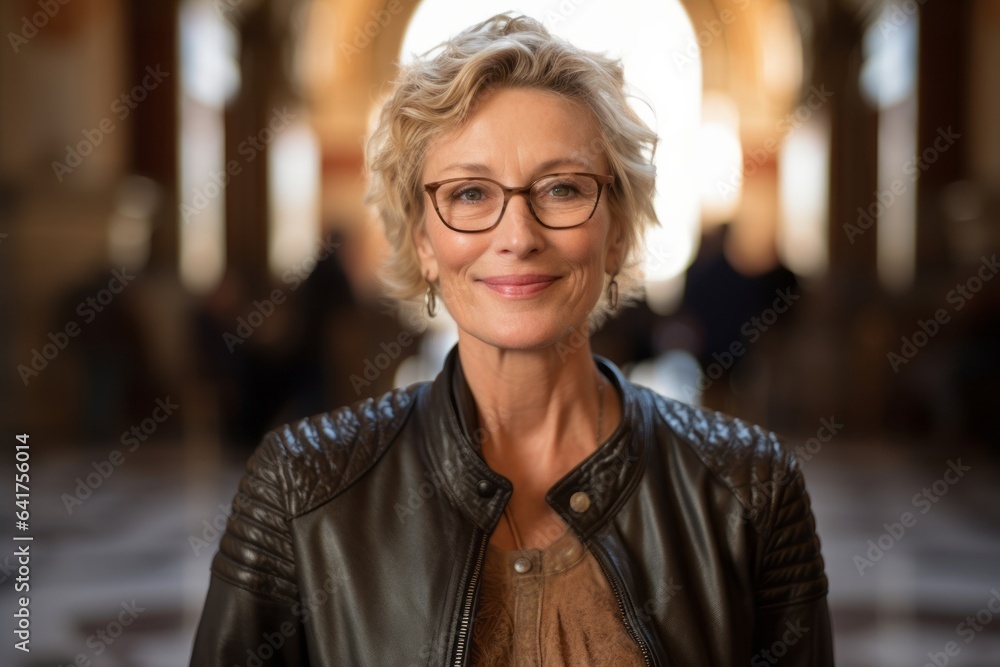 Medium shot portrait photography of a grinning mature woman wearing a classic leather jacket at the alhambra in granada spain. With generative AI technology Medium shot portrait photography of a grinning mature woman wearing a classic leather jacket at the alhambra in granada spain. With generative AI technology