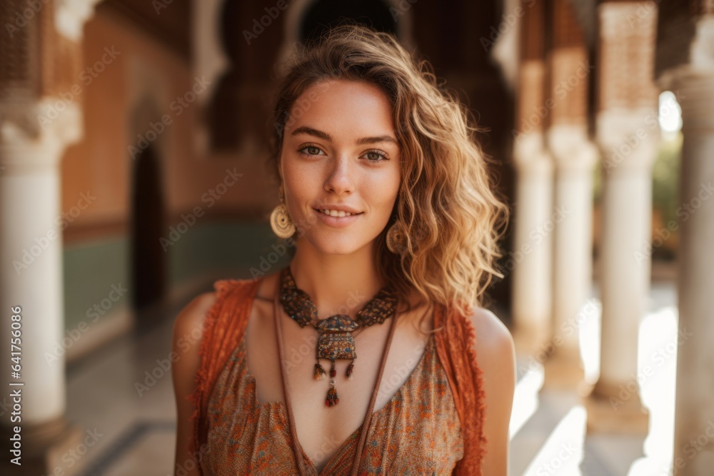 Lifestyle portrait photography of a happy girl in her 20s wearing a bold statement necklace at the alhambra in granada spain. With generative AI technology - obrazy, fototapety, plakaty 