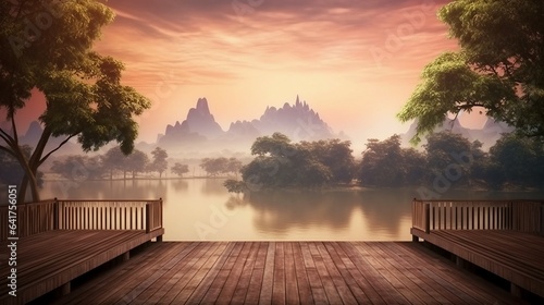 Graphic image: view of the harbor, river, mountains, sky, evening, quiet