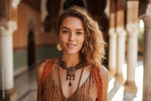 Lifestyle portrait photography of a happy girl in her 20s wearing a bold statement necklace at the alhambra in granada spain. With generative AI technology