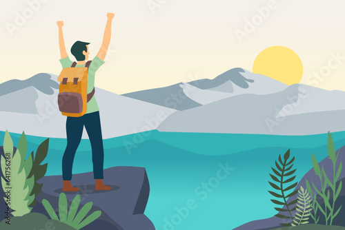 Man with backpack, traveler or explorer standing on top of mountain or cliff and looking on valley. Concept of discovery, exploration, hiking, adventure tourism and travel. Flat vector illustration.