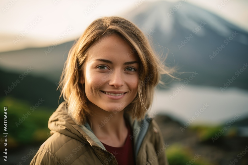 Photography in the style of pensive portraiture of a grinning girl in her 30s wearing a comfortable yoga top near the mount fuji in honshu island japan. With generative AI technology Photography in the style of pensive portraiture of a grinning girl in her 30s wearing a comfortable yoga top near the mount fuji in honshu island japan. With generative AI technology