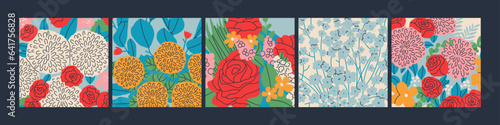 Set with various floral square pictures. Decorative bouquets of flowers in square frames. Bright elements of roses, peonies, daisies, hydrangeas, etc.