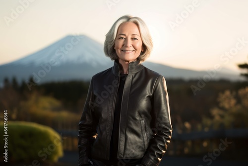 Medium shot portrait photography of a cheerful mature woman wearing a stylish leather blazer near the mount fuji in honshu island japan. With generative AI technology
