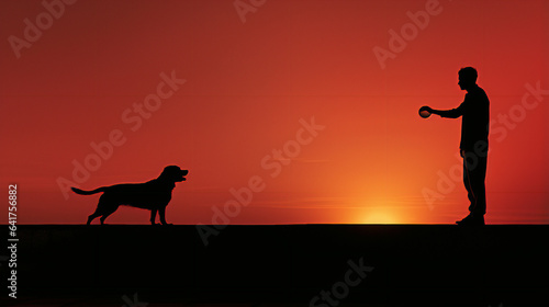 Silhouette man and dog - orange background 