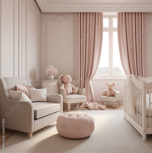 calming beige and pink baby room photo