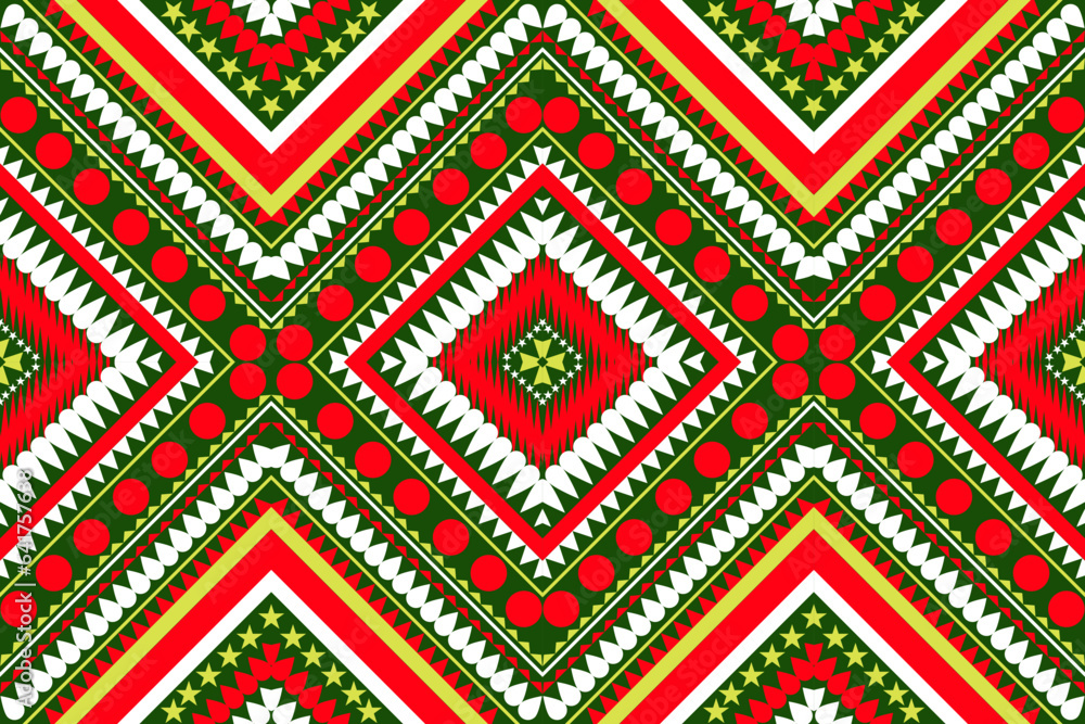 Seamless design pattern, traditional geometric flower zigzag pattern Christmas red white yellow green vector illustration design, abstract fabric pattern, aztec style for print textiles 